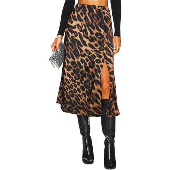 Womens Satin Midi Skirt High Waisted Side Slit A Line Leopard Print Long Skirt - Picture 1 of 7